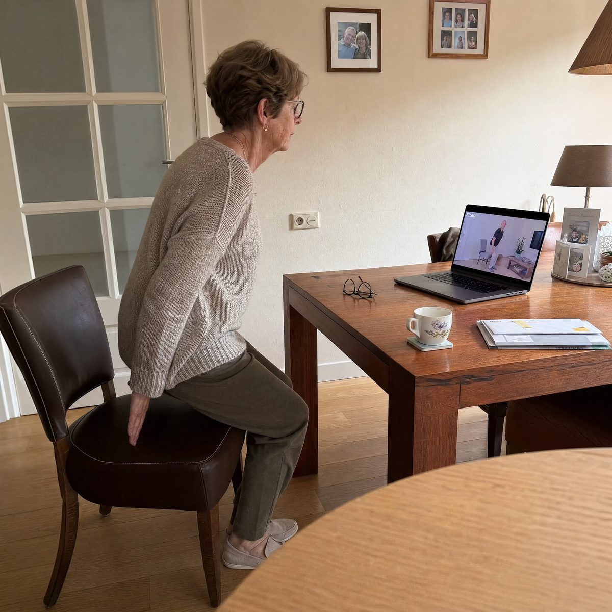 Een vrouw oefent thuis het opstaan vanaf een stoel terwijl ze een Fit 60 Plus-les volgt op haar laptop